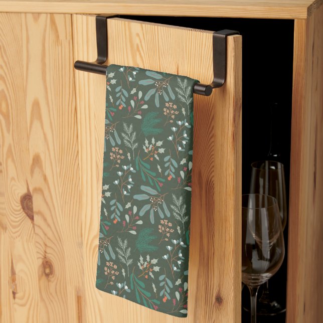 Winter Botanical Christmas Pattern Green Kitchen Towel (Thirds Fold)