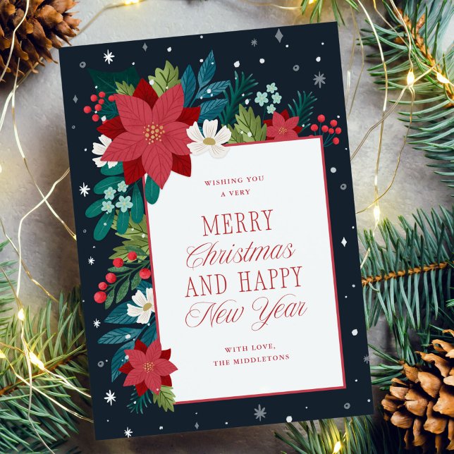 Winter Botanical Colourful Merry Christmas Holiday Card (illustrated winter botanical flowers and leaves Merry Christmas greeting card)