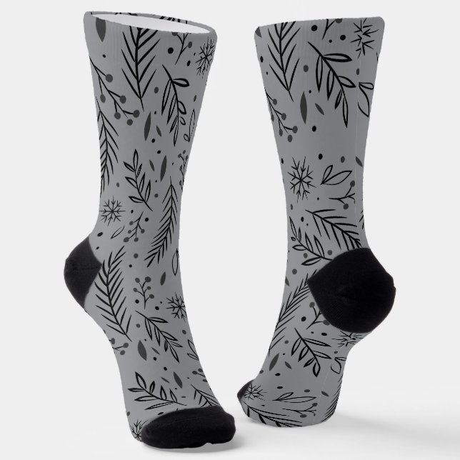 Winter Botanical Crew Socks – Grey (Angled)