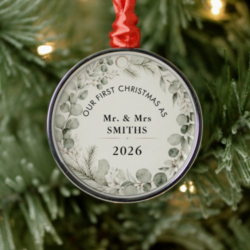 Winter Botanical Family Custom Text Christmas  Metal Ornament