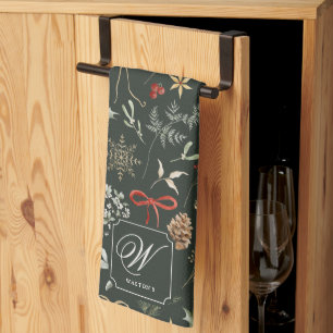 Winter Botanical Festive Christmas Monogram Kitchen Towel