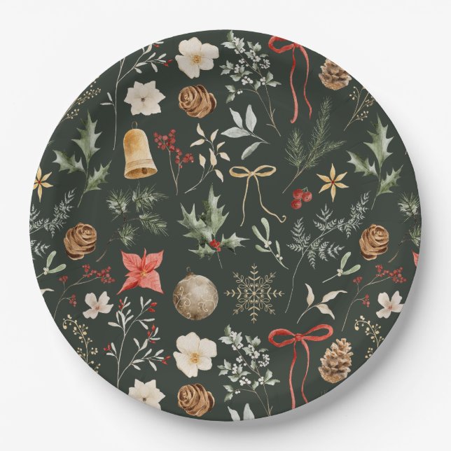 Winter Botanical Festive Christmas Paper Plates (Front)