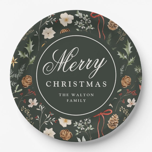 Winter Botanical Festive Christmas Personalized Paper Plates (Front)