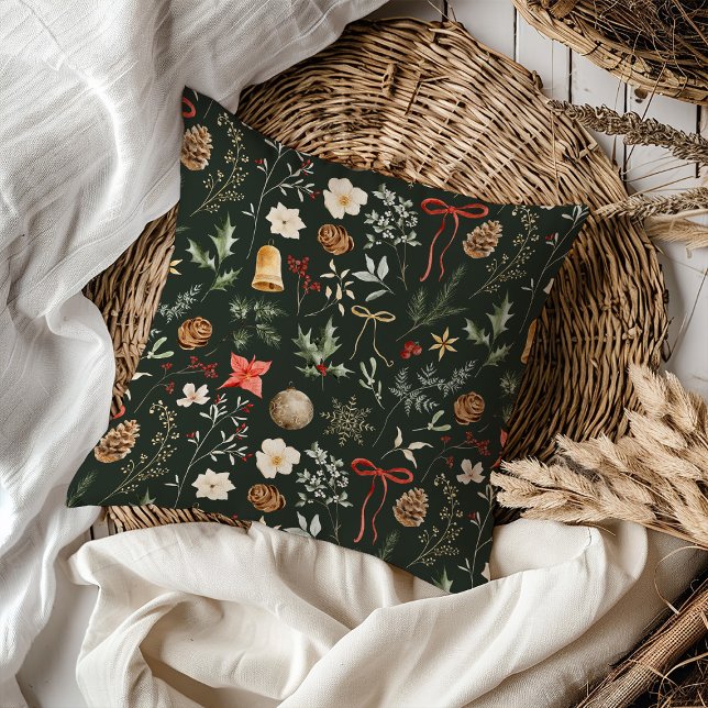 Winter Botanical Festive Christmas Throw Pillow (Creator Uploaded)