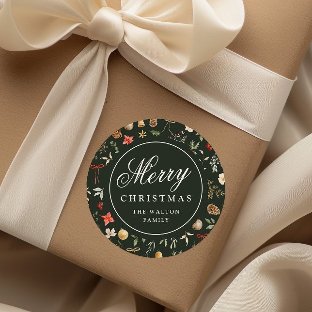 Winter Botanical Festive Merry Christmas Classic Round Sticker (Creator Uploaded)