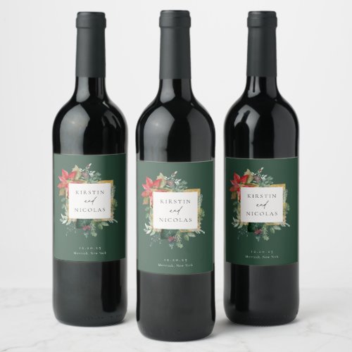Winter Botanical Floral Frame Wedding Wine Label
