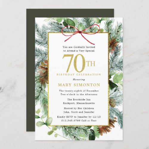 Winter Botanical Floral Gold 70th Birthday Party Invitation