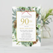 Winter Botanical Floral Gold 90th Birthday Party Invitation (Standing Front)