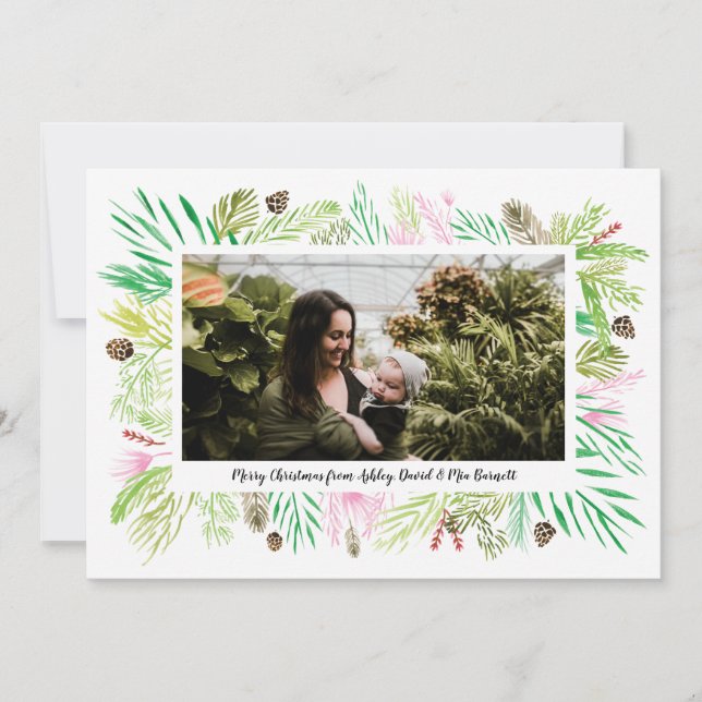 Winter Botanical Floral Photo Frame Christmas Holiday Card (Front)
