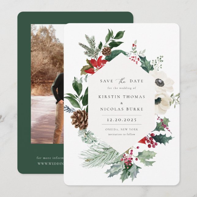 Winter Botanical Floral Photo Save The Date (Front/Back)