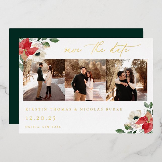 Winter Botanical Floral Photo Save The Date Foil Invitation (Front/Back)