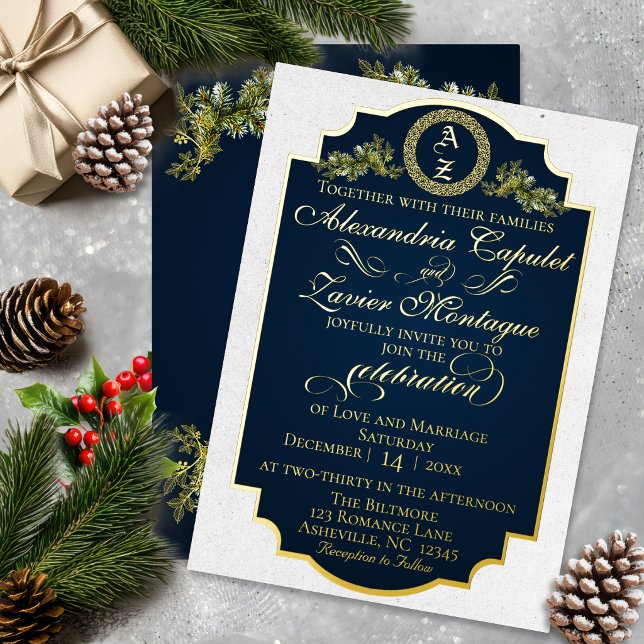 Winter Botanical Flourish Monogram - Blue Foil Invitation (Creator Uploaded)