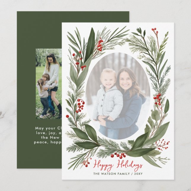 Winter Botanical Foliage Christmas 4 Photo  Holiday Card (Front/Back)