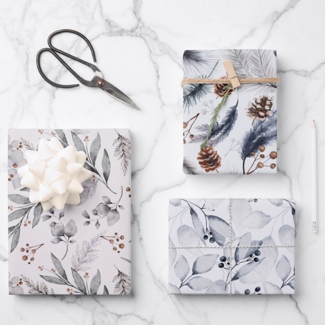 Winter Botanical Foliage Christmas  Wrapping Paper Sheets (Front)