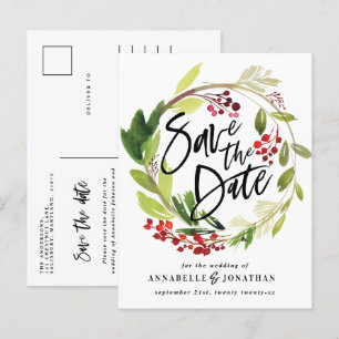 winter botanical foliage red green watercolor save announcement postcard