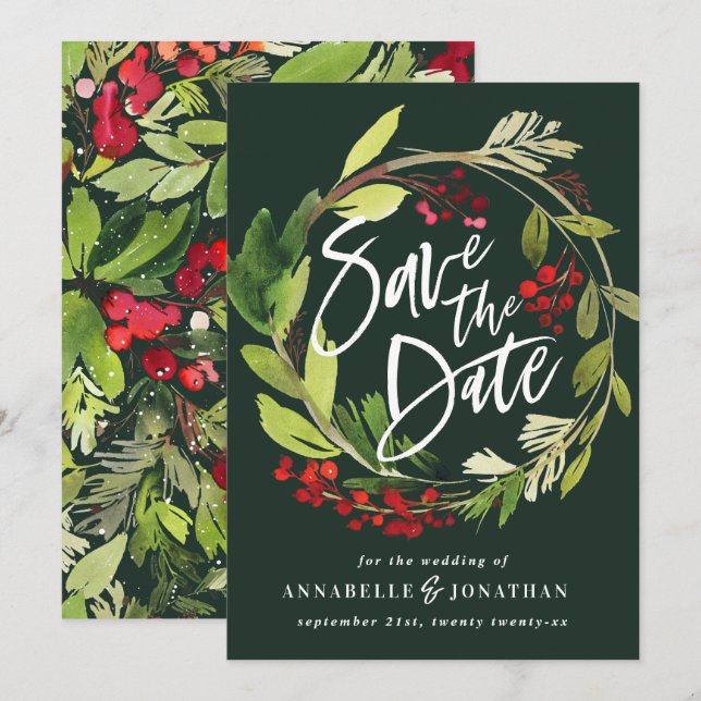 winter botanical foliage red green watercolor save the date (Front/Back)