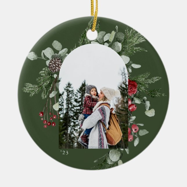 Winter Botanical Frame Green Photo Ceramic Ornament (Front)