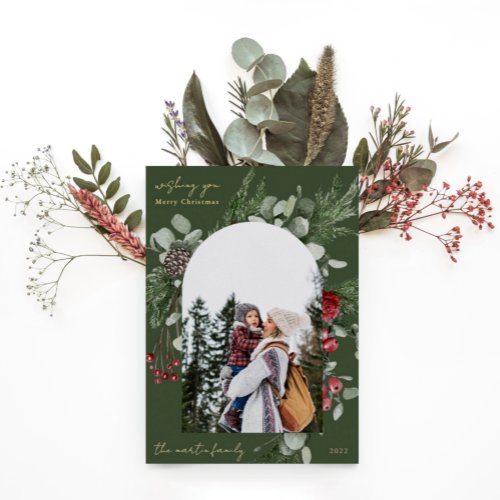 Winter Botanical Frame Green Two Photo Christmas Foil Holiday Card