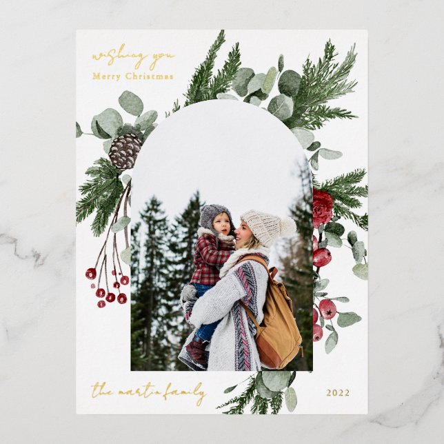 Winter Botanical Frame Photo Foil Holiday Postcard (Front)