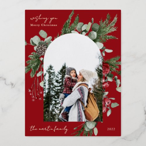 Winter Botanical Frame Photo Red Foil Holiday Postcard