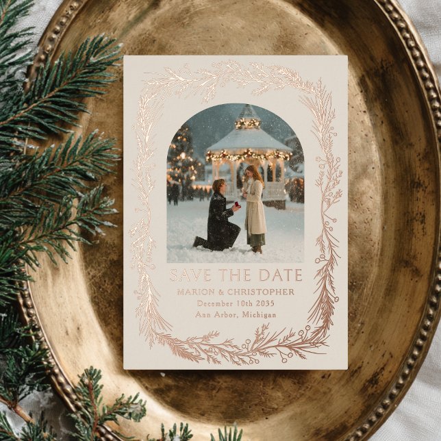 Winter Botanical Frame Photo Save the Date Foil Holiday Card (Creator Uploaded)