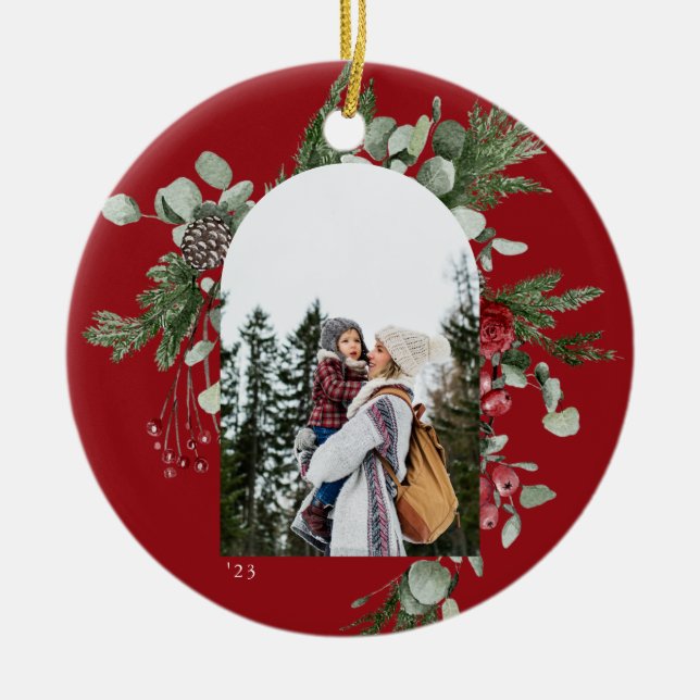Winter Botanical Frame Red Photo Ceramic Ornament (Front)