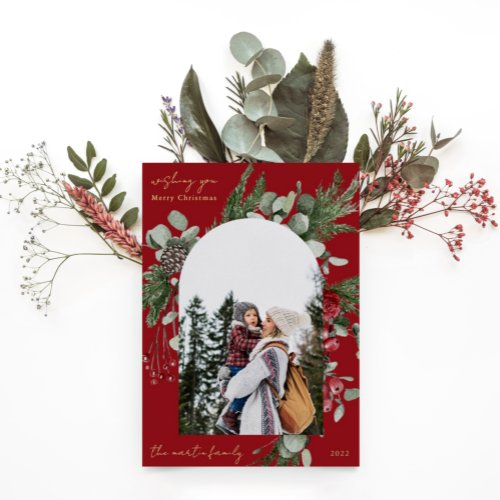 Winter Botanical Frame Red Two Photo Christmas Foil Holiday Card