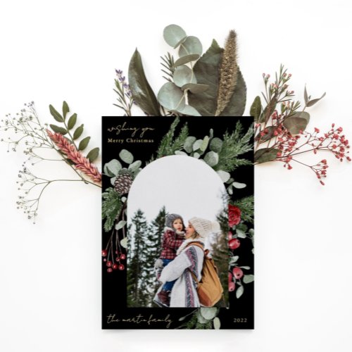 Winter Botanical Frame Two Photo Christmas Black Foil Holiday Card