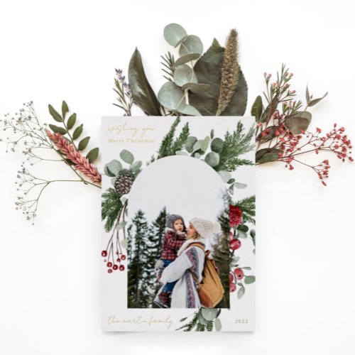 Winter Botanical Frame Two Photo Christmas Foil Holiday Card