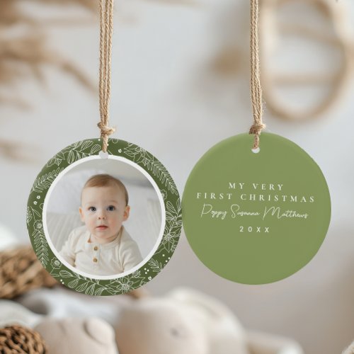 Winter Botanical Green Babys First Christmas Ceramic Ornament