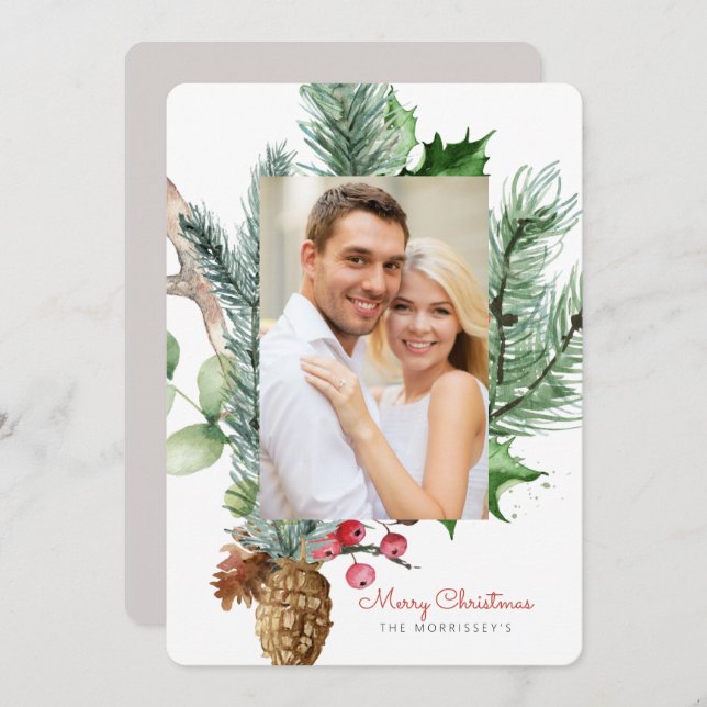 Winter Botanical Greenery 2 Photo Flat Holiday Card (Front/Back)