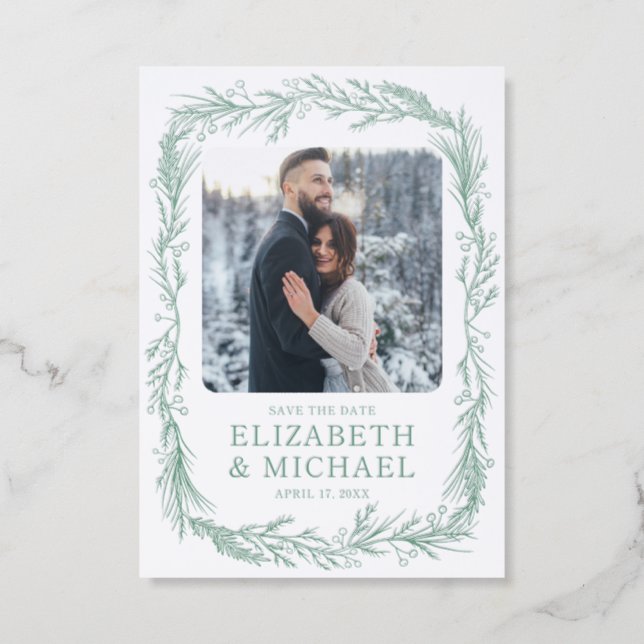 Winter Botanical Greenery Berries Save The Date Letterpress Photo Cards (Front)