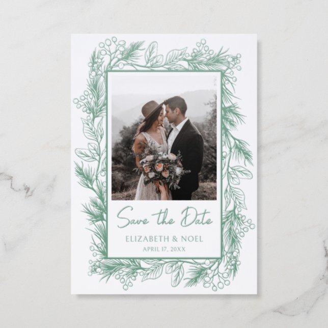 Winter Botanical Greenery Leaves Save The Date Letterpress Photo Cards (Front)
