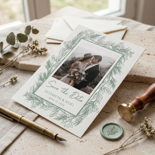 Winter Botanical Greenery Leaves Save The Date Letterpress Photo Cards