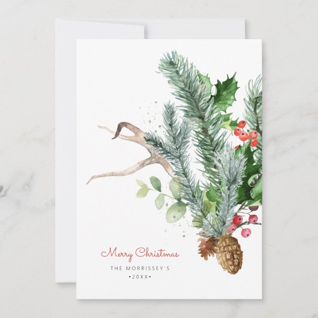 Winter Botanical Greenery Photo Flat Holiday Card (Front)