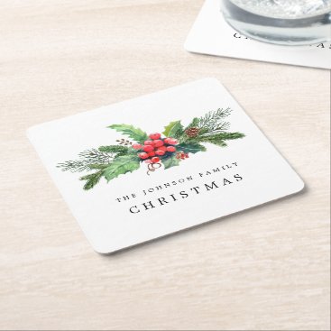 Winter Botanical Greenery Watercolor Personalized Square Paper Coaster