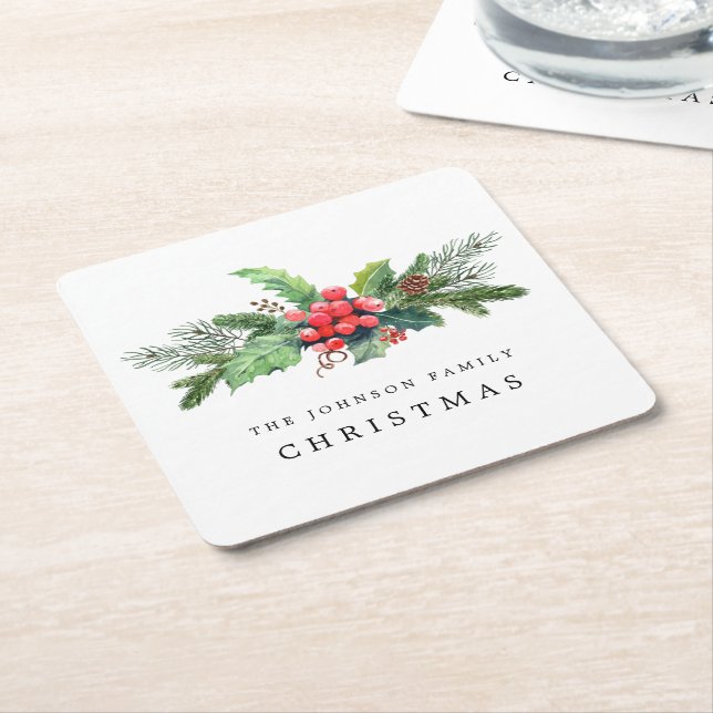 Winter Botanical Greenery Watercolor Personalized Square Paper Coaster (Angled)