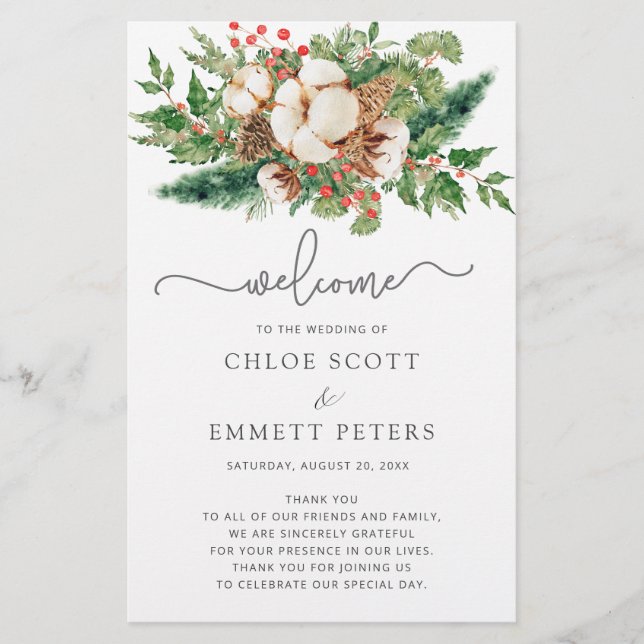 Winter Botanical Greenery Wedding Ceremony Program (Front)