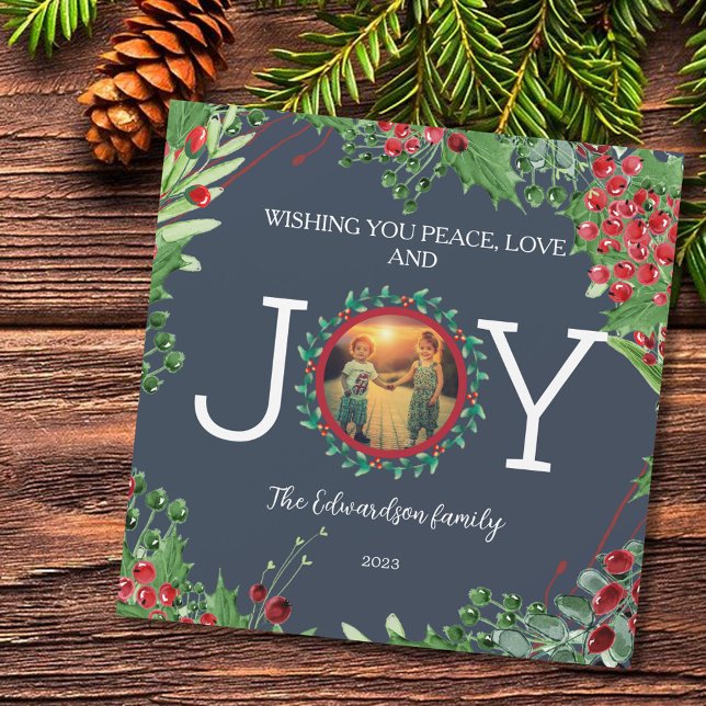 Winter botanical Joy photo Christmas magnetic card (Wishing you peace love and joy, photo Christmas magnetic card. Decorated with foliage and berries.)
