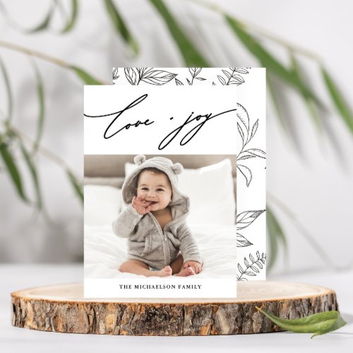 Winter Botanical Love and Joy Script Photo Holiday Card