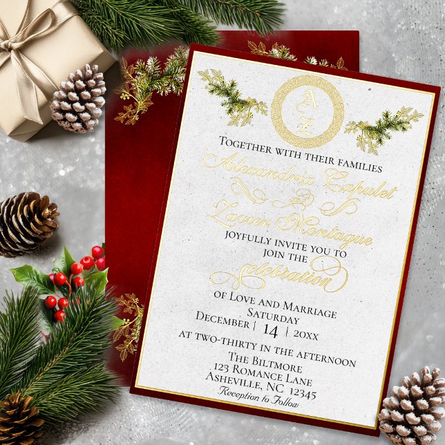 Winter Botanical Monogram - Red Foil Invitation (Creator Uploaded)