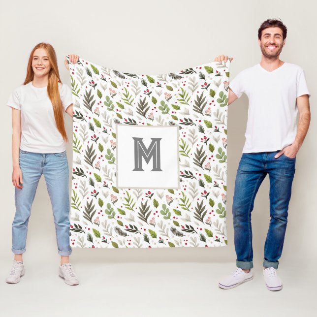 Winter Botanical Pattern, Monogram Fleece Blanket (In Situ)