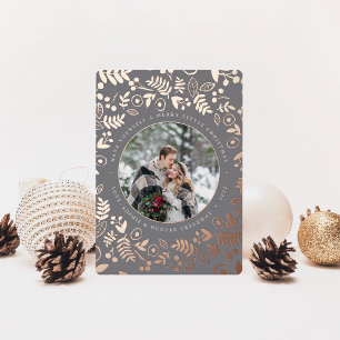 Winter Botanical Photo Rose Gold Foil Holiday Card