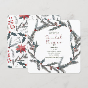Winter Botanical Pine Berry Wreath Bridal Shower Invitation
