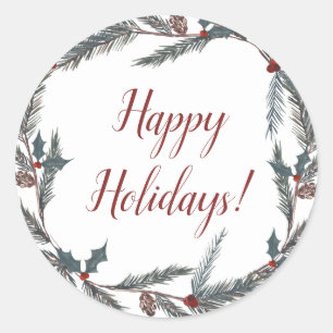 Winter Botanical Pine Berry Wreath Holiday Party Classic Round Sticker