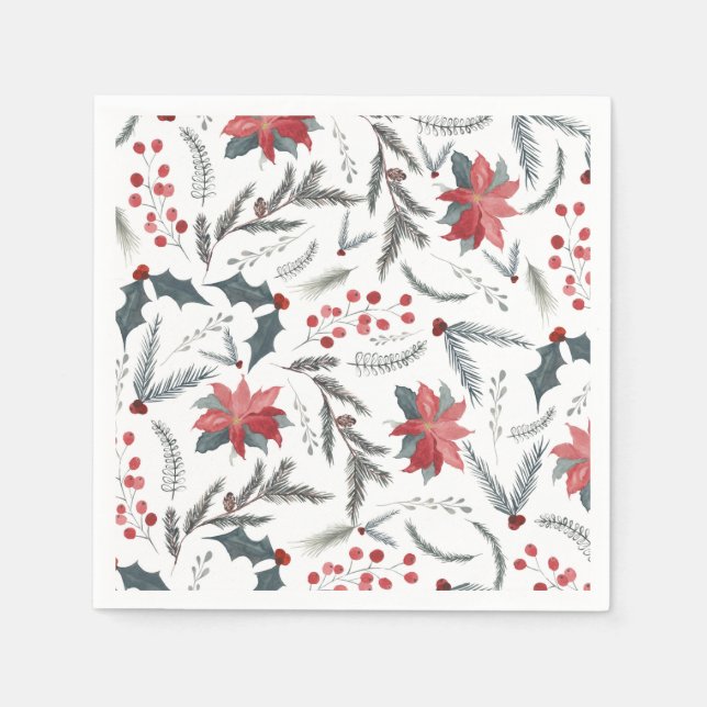 Winter Botanical Pine Berry Wreath Holiday Party Napkins (Front)