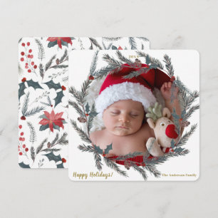 Winter Botanical Pine Berry Wreath Holiday Photo Invitation