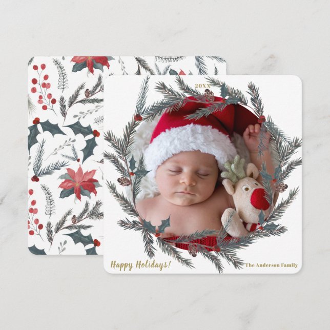 Winter Botanical Pine Berry Wreath Holiday Photo Invitation (Front/Back)