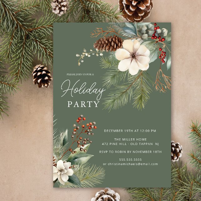 Winter Botanical Pine Branch Holiday Party Invitation (Creator Uploaded)