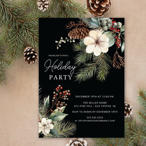 Winter Botanical Pine Branch Holiday Party Invitation